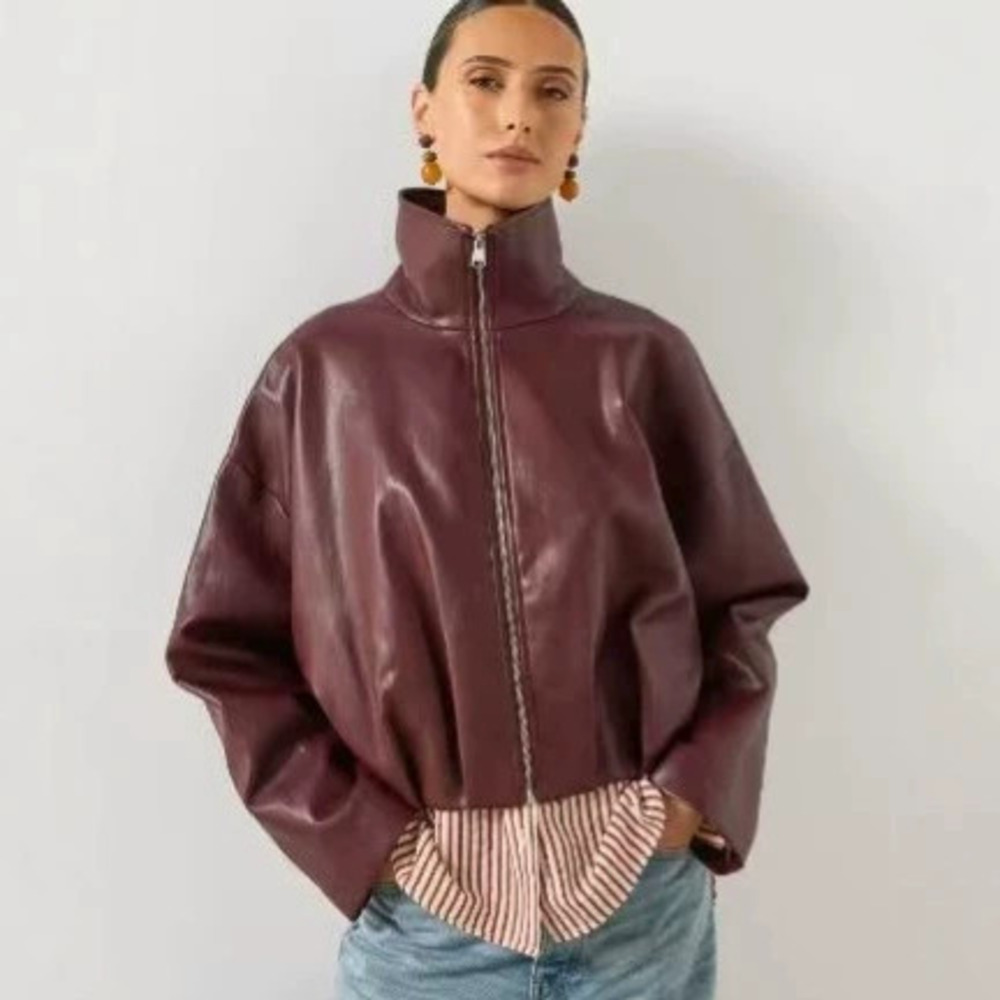 ZARA Vintage Zip Up Stand Collar Shiny Leather Jacket